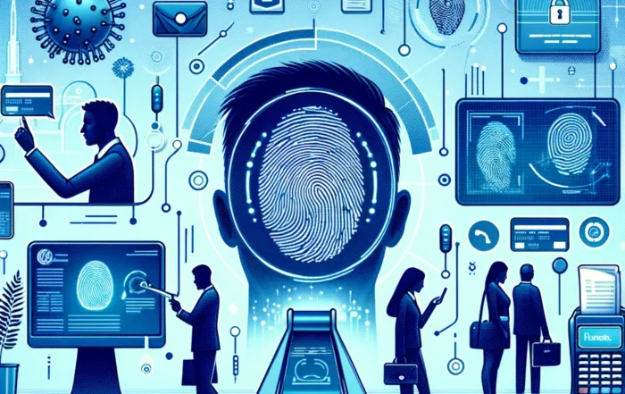 Ilustración de un pago seguro mediante tecnología biométrica, destacando el uso de reconocimiento facial y huellas dactilares