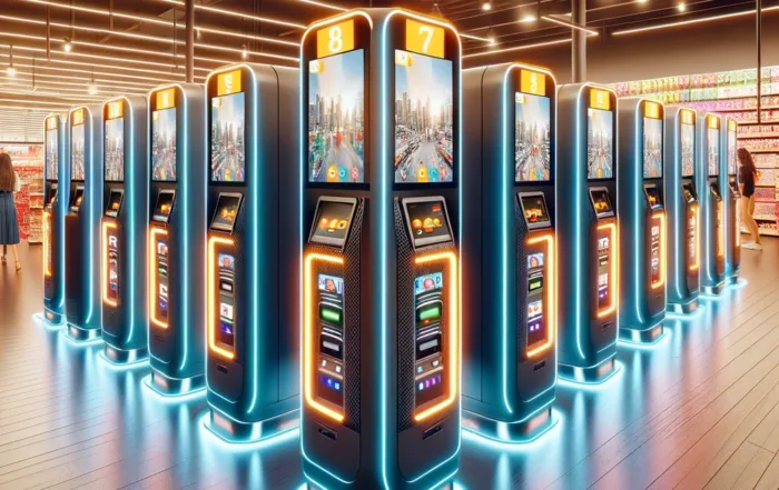 Cajas de cobro automático en un comercio minorista, procesando pagos rápidamente y eliminando las largas colas de espera