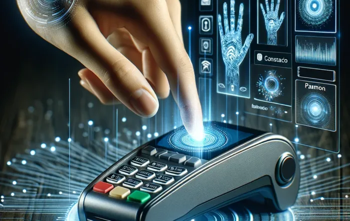 Imagen de una mano realizando un pago biométrico por palma sobre un lector, simbolizando la innovación en pagos sin contacto