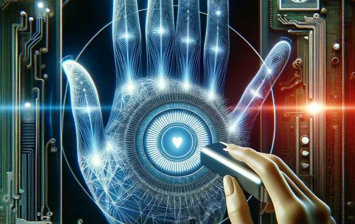 Ilustración de una mano siendo escaneada por tecnología biométrica, representando el Protocolo de la Humanidad en Web3