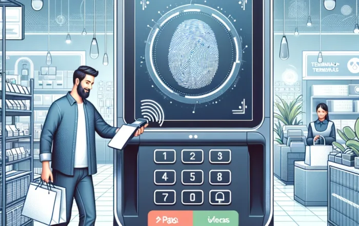 Ilustración de una terminal POS biométrica avanzada en uso, reflejando la evolución de la seguridad en pagos y accesos