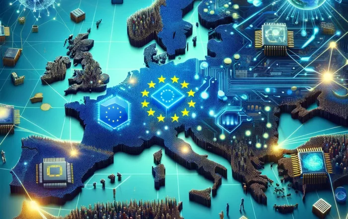 Ilustración que muestra el alcance global del Acta de IA europea, con iconos de diferentes países observando