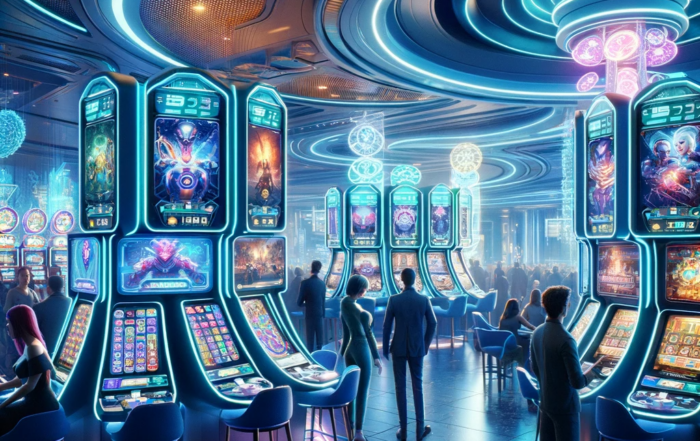 Imagen conceptual mostrando una máquina recreativa avanzada impulsada por inteligencia artificial, simbolizando la innovación en juegos