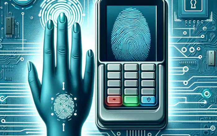 Ilustración de un cliente realizando un pago biométrico en una terminal, simbolizando seguridad y rapidez