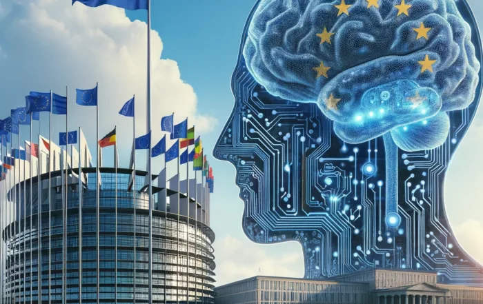 Gráfico de la Ley de IA mostrando votación favorable en el Parlamento Europeo, enfocado en la regulación y protección