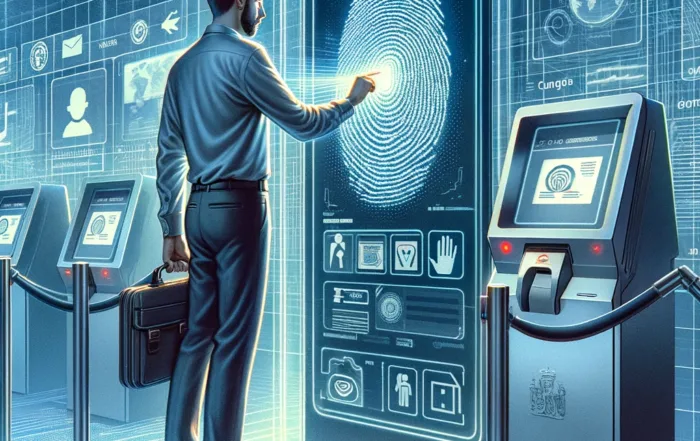 Ilustración de un ciudadano usando un terminal de identidad digital, representando la modernización de la identificación en España