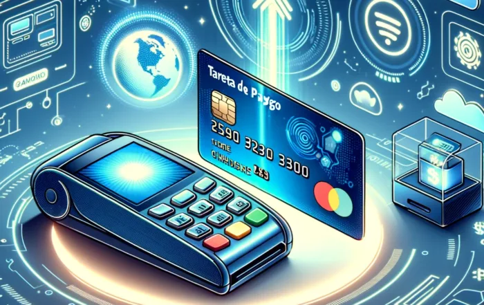 Ilustración de una tarjeta de pago biométrica siendo usada en un terminal de pago, destacando la seguridad y tecnología avanzada