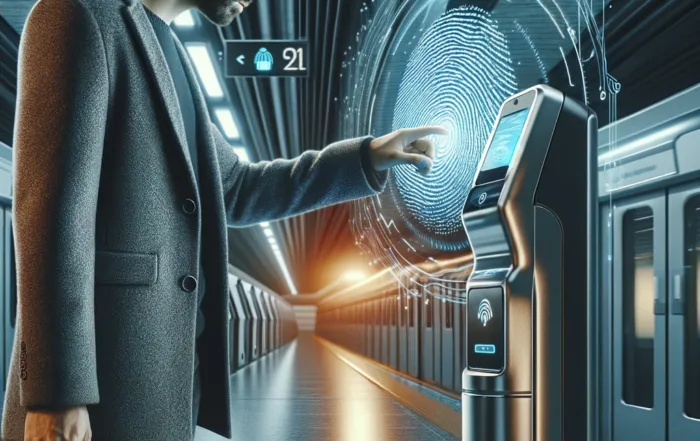 "Imagen de un pasajero utilizando un sistema de pago biométrico en el transporte público, destacando innovación y seguridad