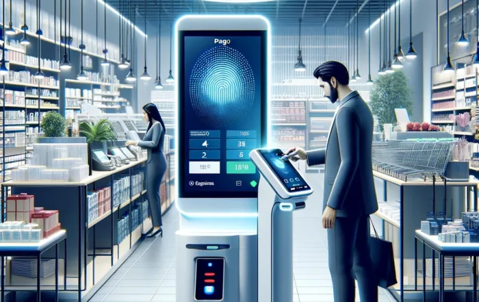 Ilustración de una terminal POS biométrica en uso, destacando la tecnología avanzada en el sector minorista