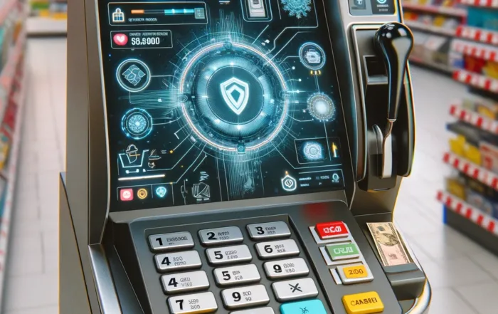 Una caja de cobro automático equipada con tecnología de encriptación y detección de fraudes, asegurando una experiencia de compra segura y confiable
