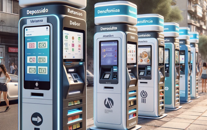 Imagen ilustrativa mostrando diferentes tipos de cajeros automáticos en España, destacando su tecnología y variedad de servicios