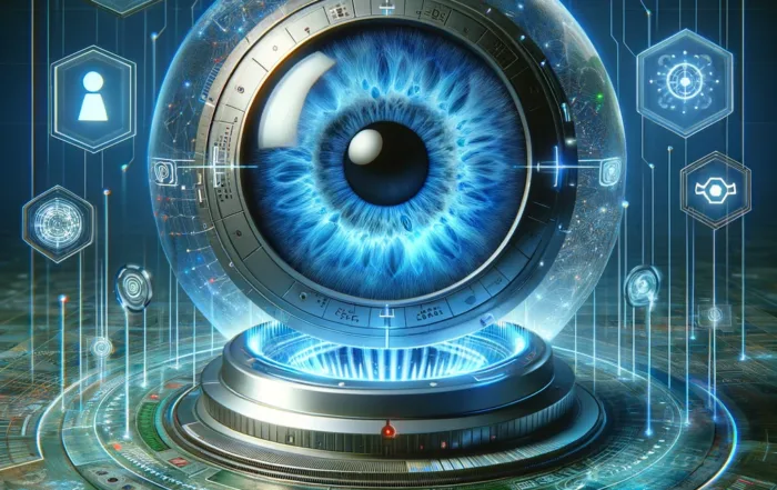 Informe de auditoría de seguridad con el logo de Worldcoin y un escáner de iris, simbolizando la protección de datos biométricos