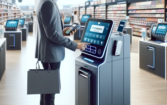 Imagen conceptual de máquinas de autocobro, eficiencia, reducción de costos, experiencia del cliente, prevención de pérdidas, mejora financiera, comercio minorista, transacciones rápidas, automatización, lealtad del cliente