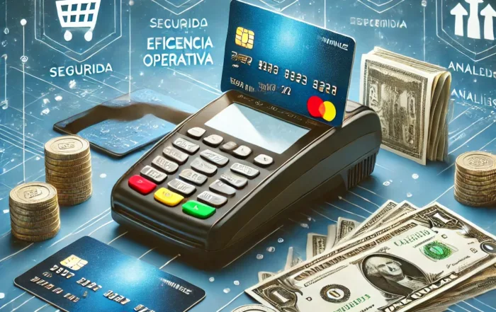 Una imagen conceptual que muestra una comparación entre el uso de efectivo y pagos con tarjeta en un entorno comercial. La imagen incluye un terminal