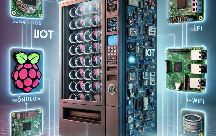 Una imagen conceptual que muestra una máquina de vending moderna con componentes de hardware e IoT destacados. En la imagen, se ven sensores de temper
