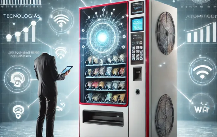 Una imagen conceptual que muestra una máquina de vending moderna en un entorno tecnológico. La máquina está equipada con tecnologías IoT y telemetría,