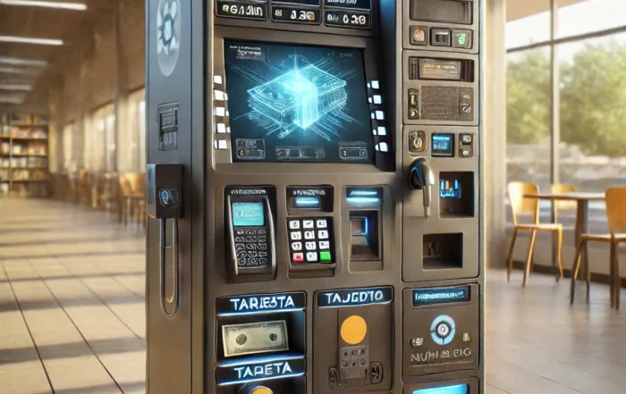 Una imagen conceptual realista que muestra una máquina de vending moderna equipada con medidas de seguridad avanzadas para los sistemas de pago