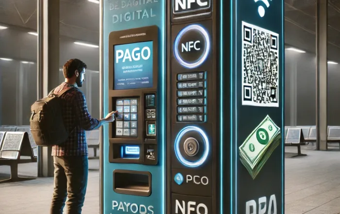Una imagen conceptual realista que muestra una máquina de vending moderna equipada con opciones de pago tanto en efectivo como digital