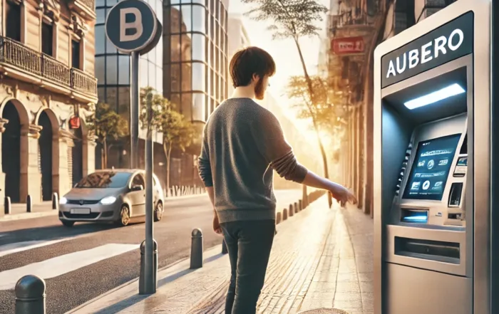 Una persona utilizando un cajero automático en una calle de una ciudad española, con elementos que reflejan la digitalización y el entorno urbano