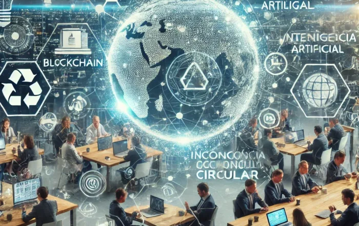 Un entorno empresarial donde convergen tecnologías avanzadas como blockchain, inteligencia artificial y herramientas de colaboración global, reflejando las tendencias emergentes y los retos de la innovación abierta