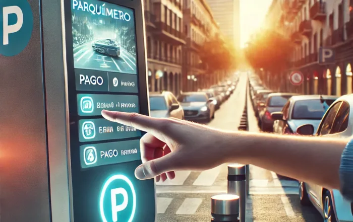 Un parquímetro moderno en una calle urbana, con un usuario interactuando con la pantalla, y elementos tecnológicos visibles que representan la modernización del sistema de estacionamiento