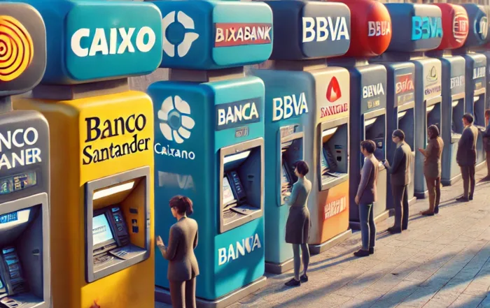 Una fila de cajeros automáticos de diferentes bancos en una calle concurrida de una ciudad española, representando la intensa competencia en el mercado