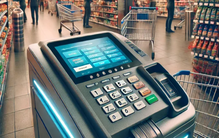 Una máquina de autocobro en acción en un supermercado, con un enfoque en la interacción del cliente y la automatización del proceso de pago