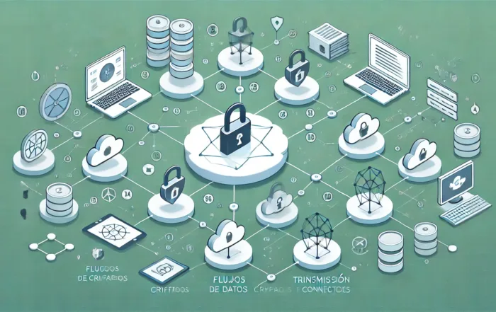 Diagrama que muestra flujos de datos cifrados en tiempo real entre dispositivos y servidores, con iconos de seguridad y monitoreo