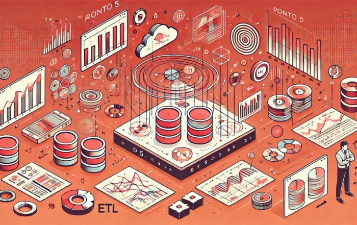 Un diagrama que muestra un flujo ETL con nodos de extracción, transformación y carga, acompañado de gráficos de datos y cálculos matemáticos.